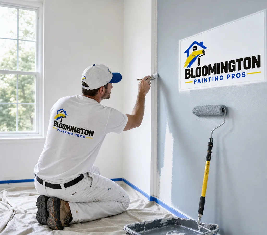 Painter cutting in a freshly rolled wall in a protected Bloomington home