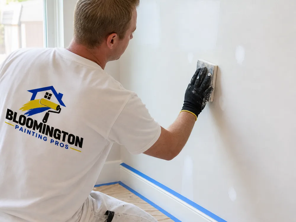Patched and primed drywall with blue tape protecting trim before painting