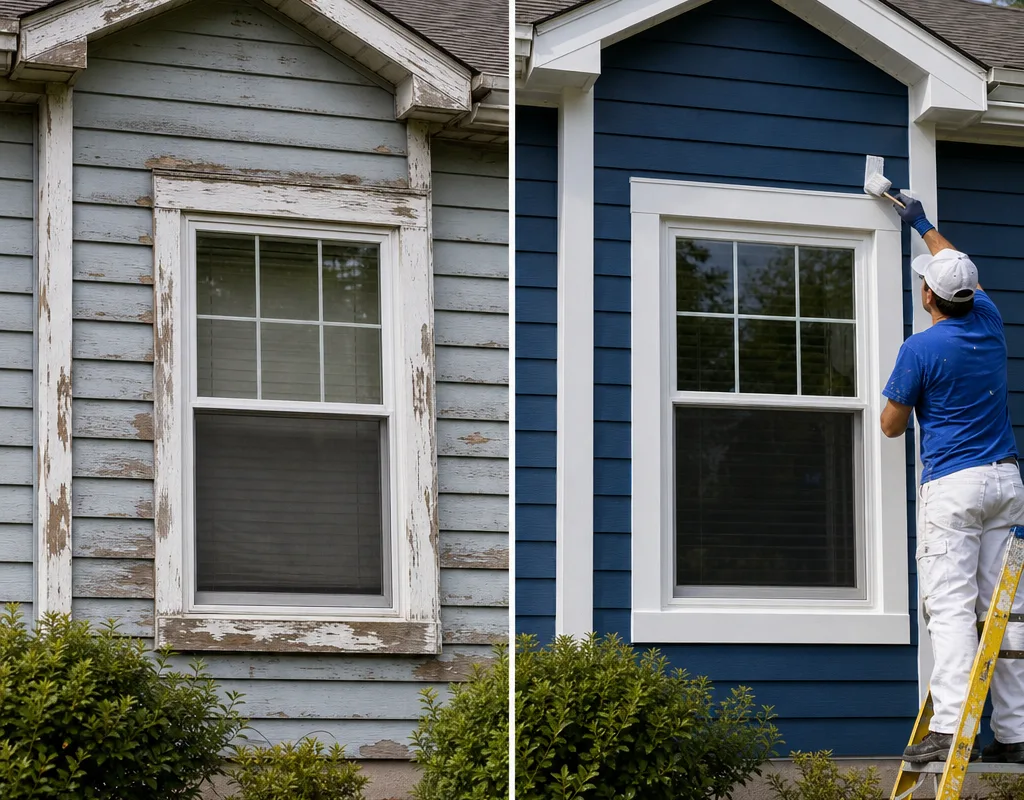 Before and after view of weathered siding and peeling trim restored with an even topcoat and sharp white trim