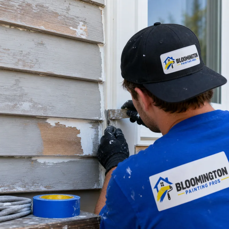 Scraped and feather-sanded clapboard siding with primed bare wood and newly caulked trim joints
