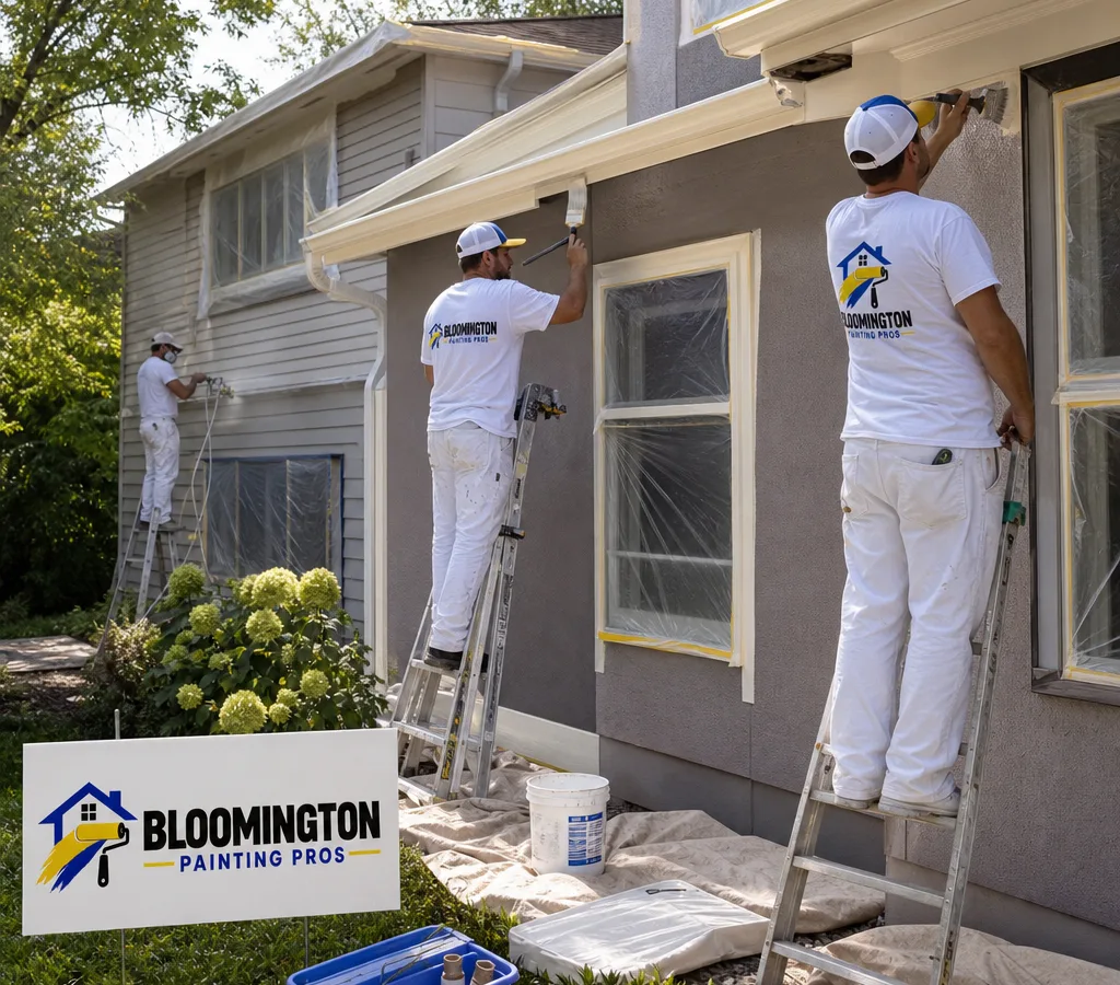 Painters preparing trim and spraying carefully masked siding on a Bloomington-area home