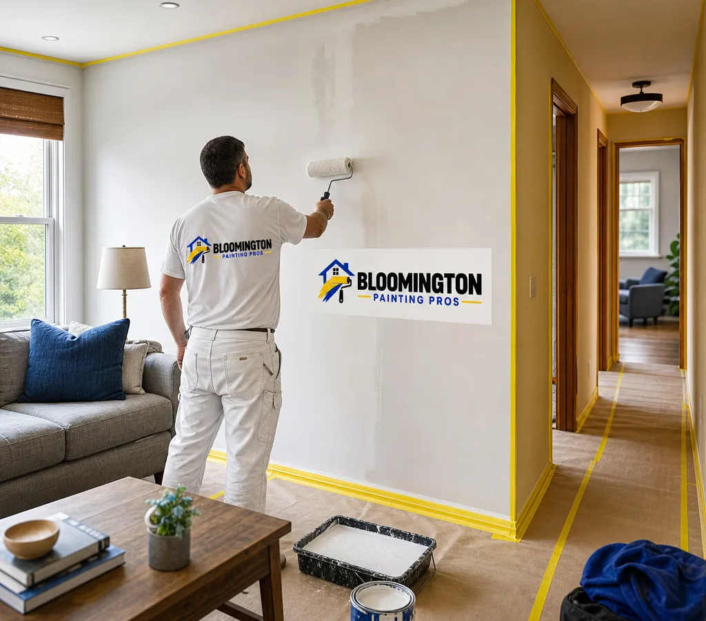 Bloomington living room and hallway protected for painting while a painter rolls a freshly repaired wall