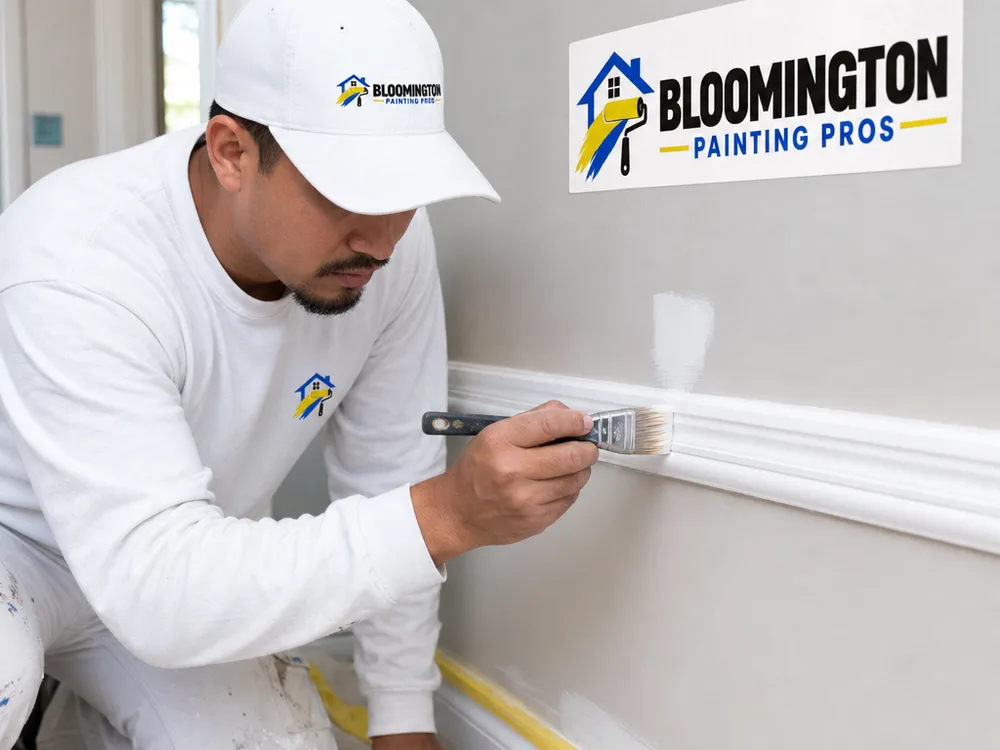 Painter cutting a sharp interior wall line beside white trim over protected flooring