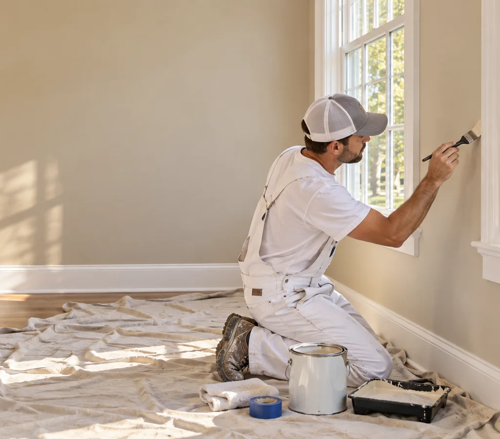 Bloomington interior painter cutting in a warm neutral wall beside crisp white trim over protected hardwood floors