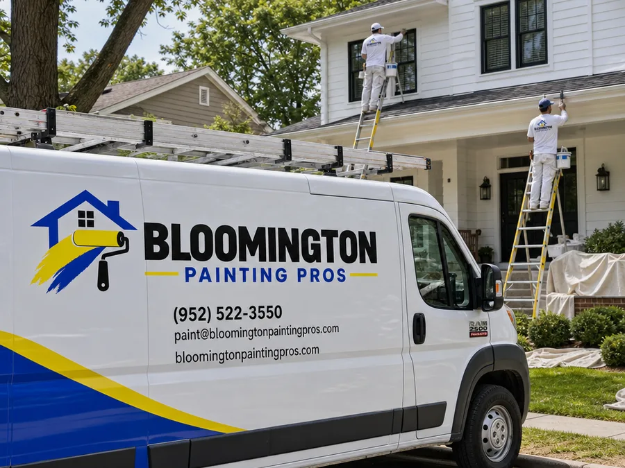 Painters using ladders and stabilizers to coat fascia and soffits while protecting landscaping and walkways